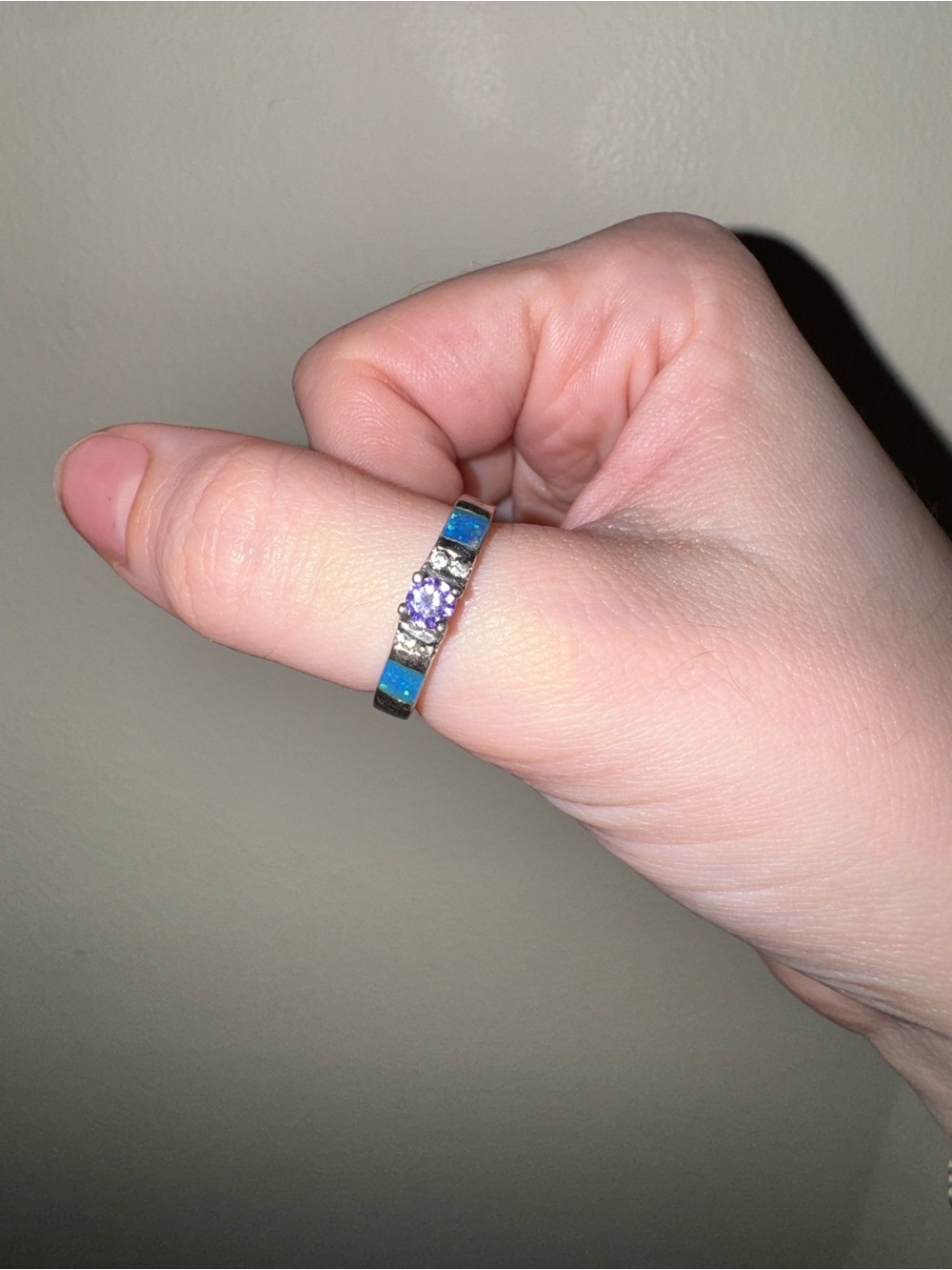 Sterling Silver Blue Fire Opal and Purple Stone Ring